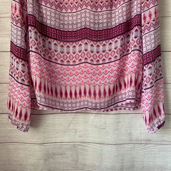 Decree Pink Sheer Geometric Pattern Blouse Swim Cover Up Tie Neck Size M - Picture 3 of 16